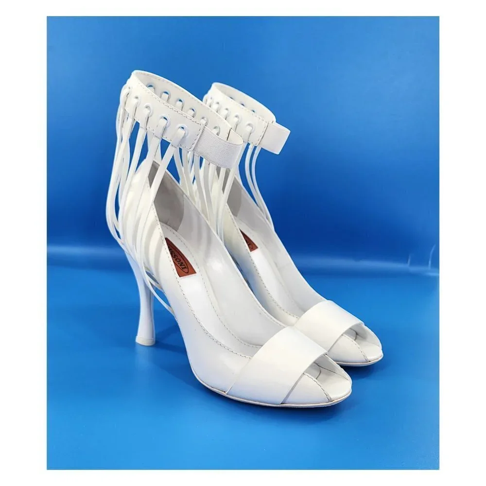 MISSONI NWOB Runway White Leather Caged Peep Toe Pumps Heels Ankle Strap NEW
